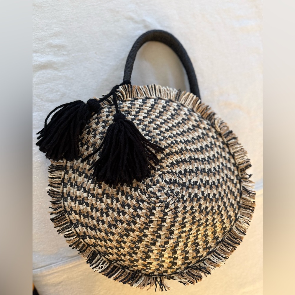 Black and Tan Woven Round Tote Bag
